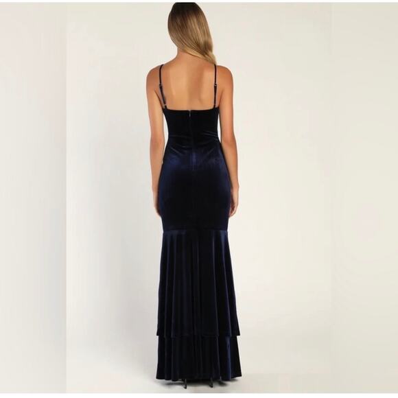 Lulu's Alluring Muse Navy Blue Velvet Tiered Trumpet Maxi Dress - Large - Picture 2 of 11